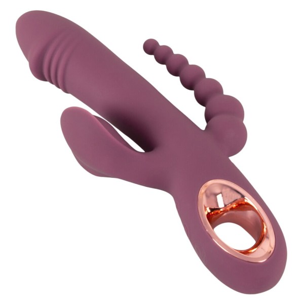 Сливовый вибратор с клиторальным отростком и анальным хвостом Slim Triple Plum - 21,4 см.