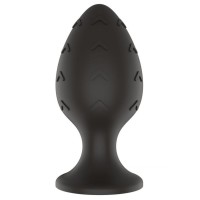 Черная средняя силиконовая анальная пробка с рельефом в виде галочек Черная средняя силиконовая анальная пробка с рельефом в виде галочек