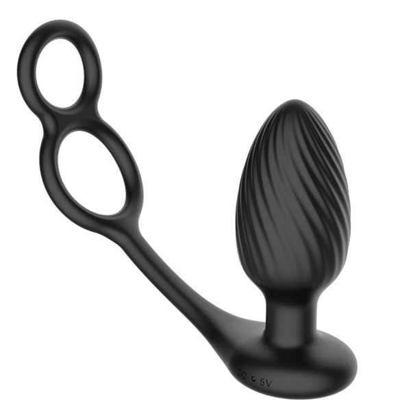 Черная анальная вибровтулка Tornado with Cock Ball Rings с эрекционными кольцами