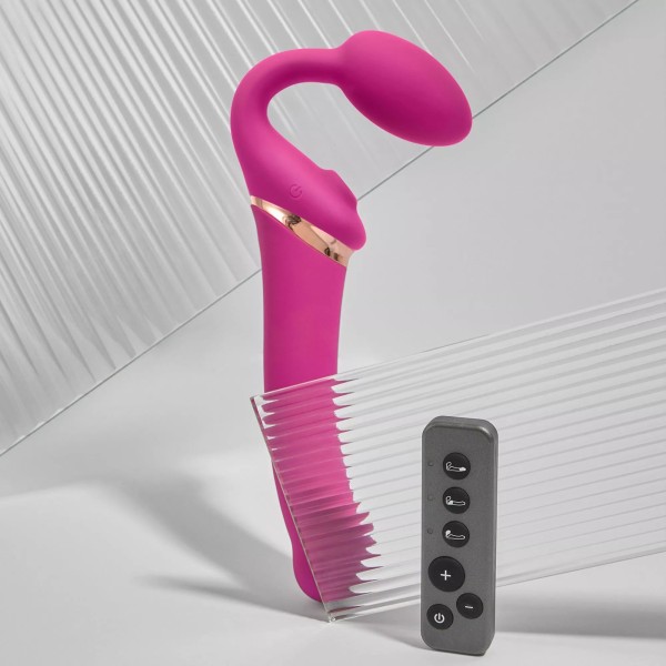 Ярко-розовый безремневой страпон Multi Orgasm Bendable Strap-On size L с клиторальной стимуляцией