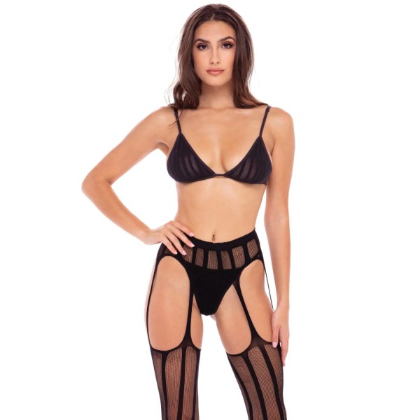 Эротический комплект 3 Piece Sheer Striped Bra Thong Garter Belt Set