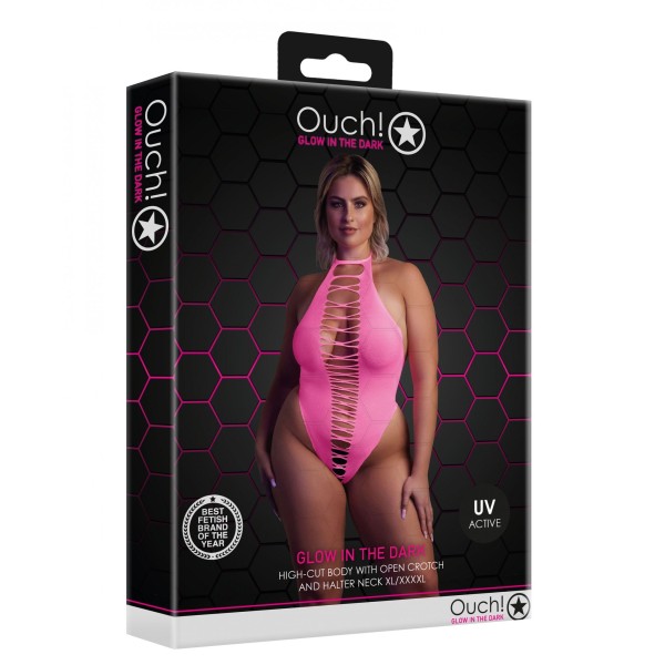 Розовое неоновое боди +size с имитацией шнуровки