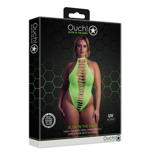 Зеленое неоновое боди +size с имитацией шнуровки