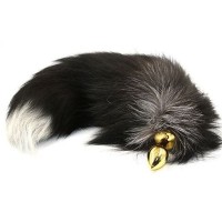 Золотистая алюминиевая анальная пробка с чёрно-белым хвостом из натурального меха Золотистая алюминиевая анальная пробка с чёрно-белым хвостом из натурального меха