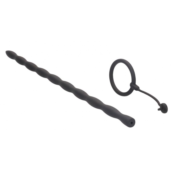 Черный стимулятор уретры с кольцом на головку Silicone Plug Cock Ring Set