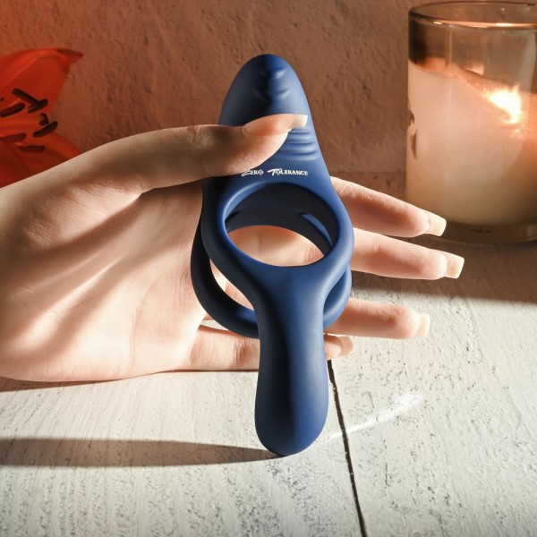 Синее эрекционное виброкольцо с двойным подхватом мошонки Ring Around The Rosy