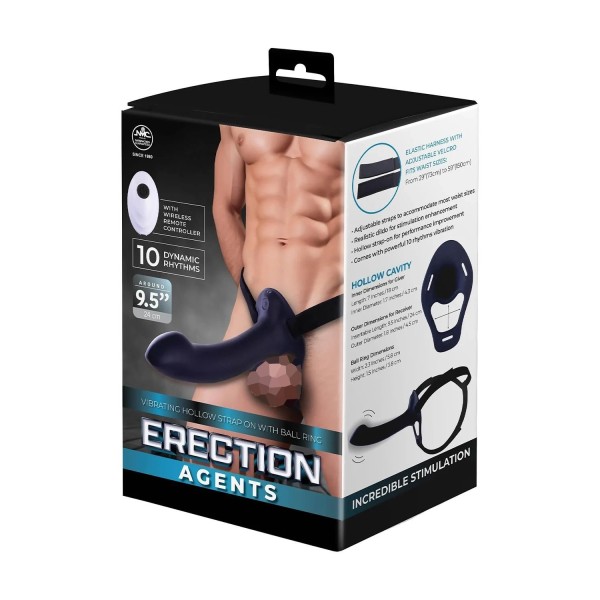Черный полый страпон с вибрацией Erection Agents - 24,1 см.