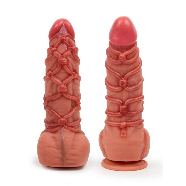 Телесный фаллоимитатор с имитацией шибари - 25 см.