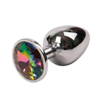 Серебряная металлическая анальная пробка с радужным стразиком - 7,6 см. Серебряная металлическая анальная пробка с радужным стразиком - 7,6 см.
