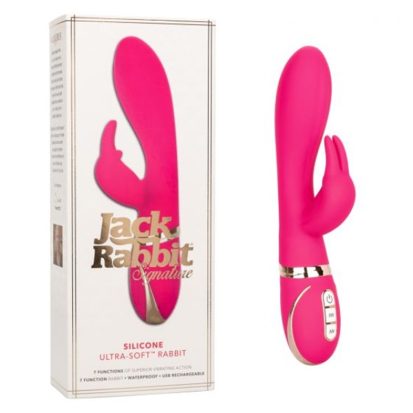 Розовый силиконовый вибратор с клиторальным отростком Signature Silicone Ultra-Soft Rabbit - 22,75 см