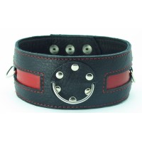 Чёрный кожаный ошейник с красной полосой и кольцами Чёрный кожаный ошейник с красной полосой и кольцами