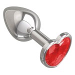 Серебристая анальная втулка с красным кристаллом-сердцем - 7 см