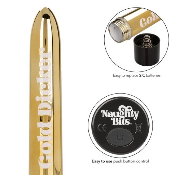 Золотистый классический вибратор Naughty Bits Gold Dicker Personal Vibrator - 19 см