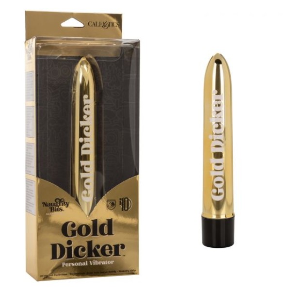 Золотистый классический вибратор Naughty Bits Gold Dicker Personal Vibrator - 19 см