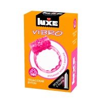 Розовое эрекционное виброкольцо Luxe VIBRO Техасский бутон + презерватив