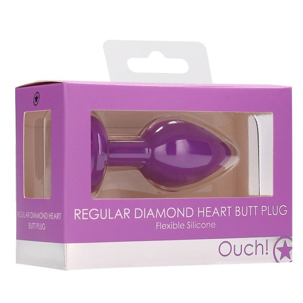 Фиолетовая анальная пробка с прозрачным стразом Diamond Heart Butt Plug - 7,3 см