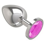 Серебристая большая анальная пробка с розовым кристаллом - 9,5 см