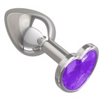 Серебристая анальная втулка с фиолетовым кристаллом-сердцем - 7 см