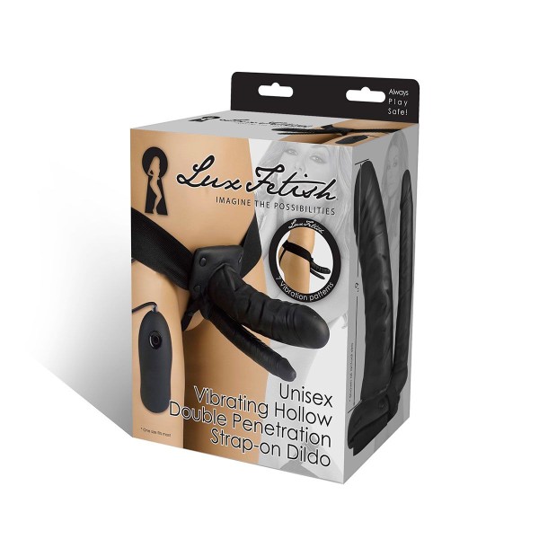 Полый страпон с двумя отростками и вибрацией Unisex Vibrating Hollow Strap-On Double Penetrating Dildo - 17,8 см