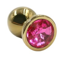 Золотистая алюминиевая анальная пробка с ярко-розовым кристаллом - 6 см. Золотистая алюминиевая анальная пробка с ярко-розовым кристаллом - 6 см.