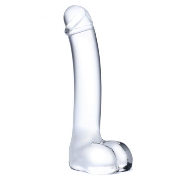 Прозрачный стеклянный фаллос с мошонкой Curved G-Spot - 18 см