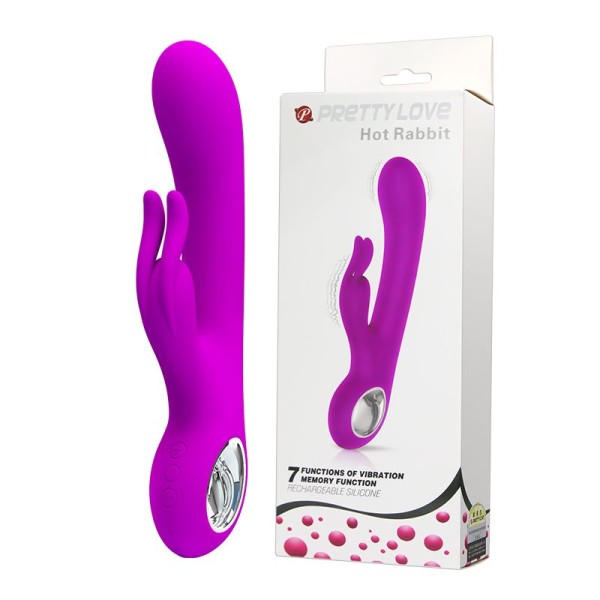 Лиловый вибромассажер с клиторальным отростком Hot Rabbit - 19 см
