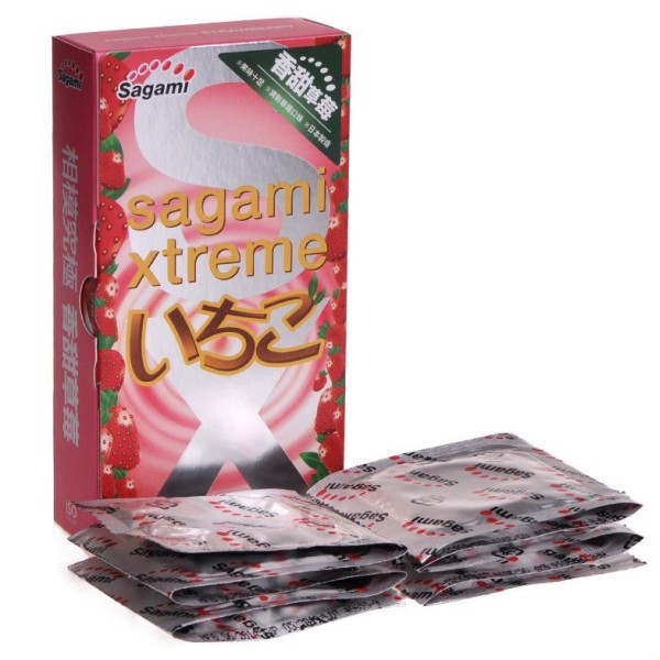 Презервативы Sagami Xtreme Strawberry c ароматом клубники - 10 шт
