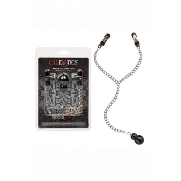 Зажимы для сосков с серебристой цепочкой и утяжелителем Weighted Dual Tier Nipple Clamps