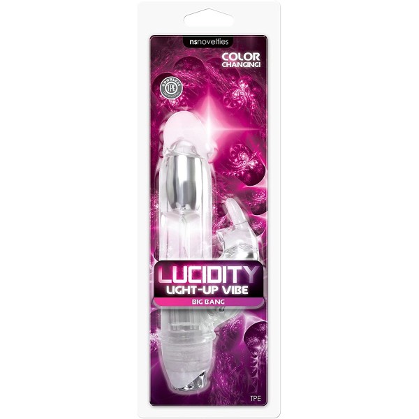 Прозрачный вибратор с клиторальным зайкой Lucidity Big Bang Light Up Vibe - 16 см