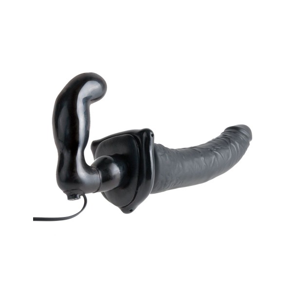 Черный страпон с вагинальной пробкой Deluxe Vibrating Penetrix Strap-On - 19 см