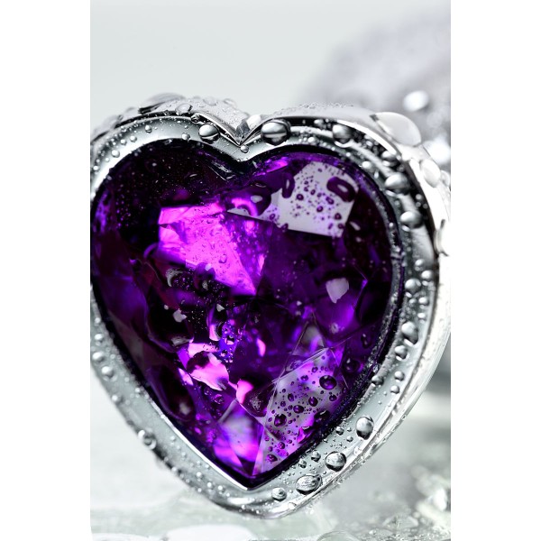 Серебристая коническая анальная пробка с фиолетовым кристаллом - 7 см