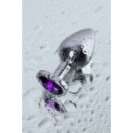 Серебристая коническая анальная пробка с фиолетовым кристаллом - 7 см
