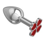 Серебристая анальная втулка с клевером из красных кристаллов - 7 см