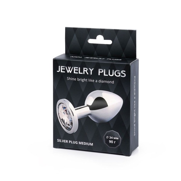 Анальная пробка SILVER PLUG MEDIUM с прозрачным кристаллом - 8,2 см