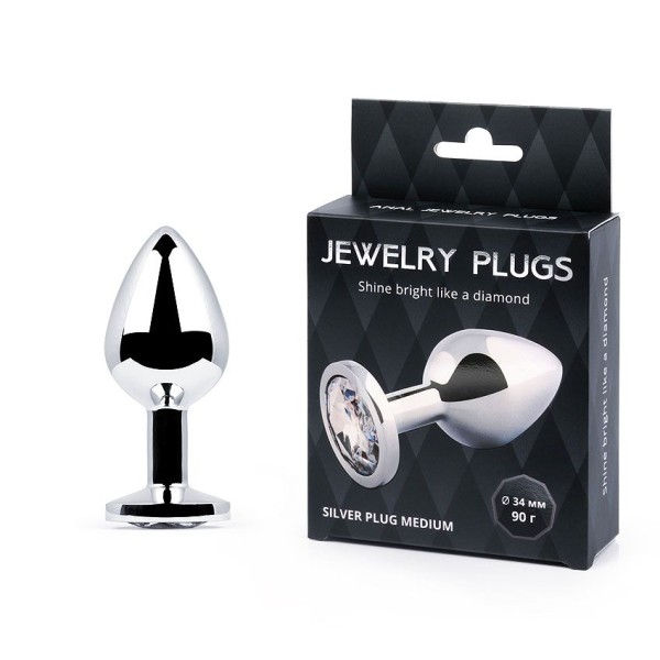 Анальная пробка SILVER PLUG MEDIUM с прозрачным кристаллом - 8,2 см