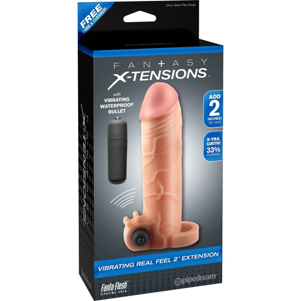 Телесная вибронасадка с кольцом Vibrating Real Feel 2 Extension - 16 см