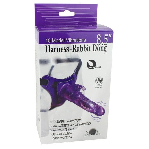 Розовый страпон 10 Mode Vibrations 85  Harness Rabbit Dong - 19 см