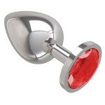 Серебристая большая анальная пробка с красным кристаллом - 9,5 см