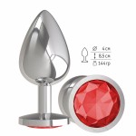 Серебристая большая анальная пробка с красным кристаллом - 9,5 см