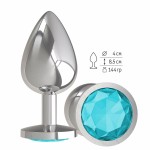 Серебристая большая анальная пробка с голубым кристаллом - 9,5 см