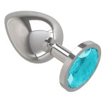 Серебристая большая анальная пробка с голубым кристаллом - 9,5 см