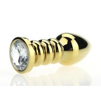 Золотистая фигурная анальная пробка с прозрачным стразом - 10,3 см. Золотистая фигурная анальная пробка с прозрачным стразом - 10,3 см.