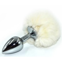 Серебристая округлая анальная пробка с заячьим хвостиком белого цвета - 11,5 см. Серебристая округлая анальная пробка с заячьим хвостиком белого цвета - 11,5 см.