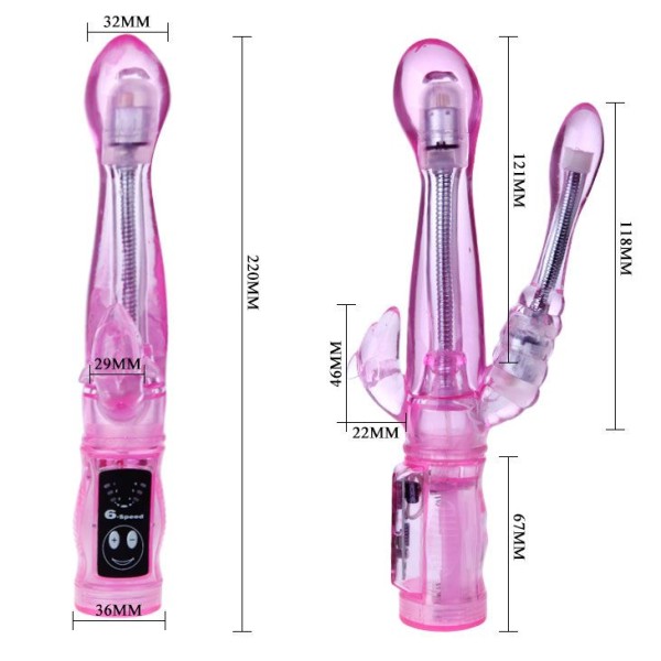 Розовый вибратор с анальным и клиторальным отростками Intimate Tease - 22 см