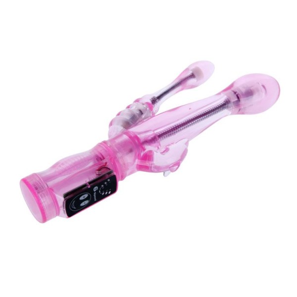 Розовый вибратор с анальным и клиторальным отростками Intimate Tease - 22 см