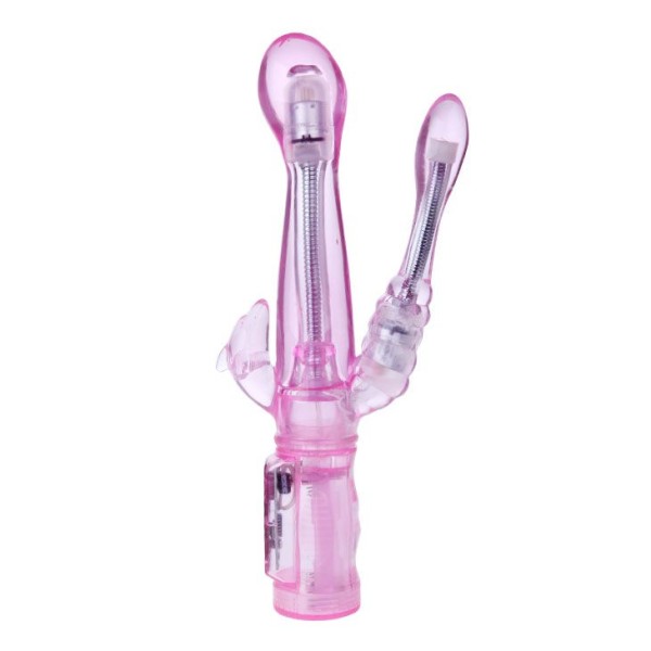 Розовый вибратор с анальным и клиторальным отростками Intimate Tease - 22 см
