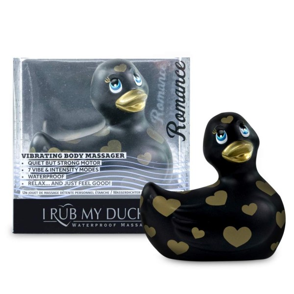 Черный вибратор-уточка I Rub My Duckie 20 Romance с золотистым принтом