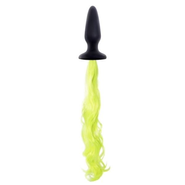 Чёрная анальная пробка с неоново-жёлтым хвостом Unicorn Tails Yellow - 9,9 см