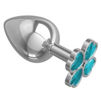 Серебристая анальная пробка-клевер с голубым кристаллом - 9,5 см.