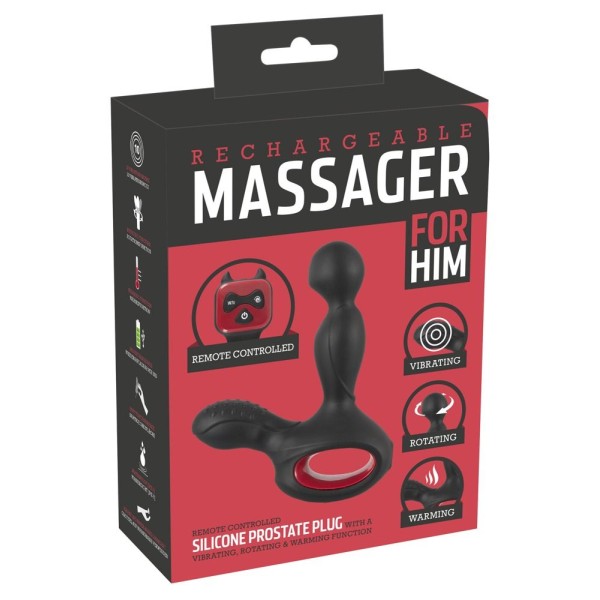 Черный вибромассажер простаты с нагревом и ротацией Prostate Plug - 14,5 см